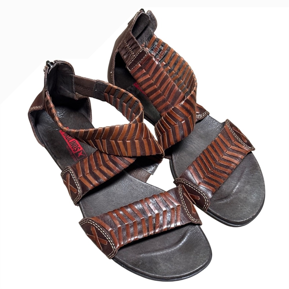 Pikolinos Brown Woven Leather Gladiator Sandals Womens 40 Flat Back Zip Boho